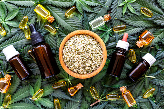 Hemp cannabis leaves and beauty products.Marijuana extract in cosmetology.Wild hemp oil, leaves and seeds.Legalized cannabis for skincare products.