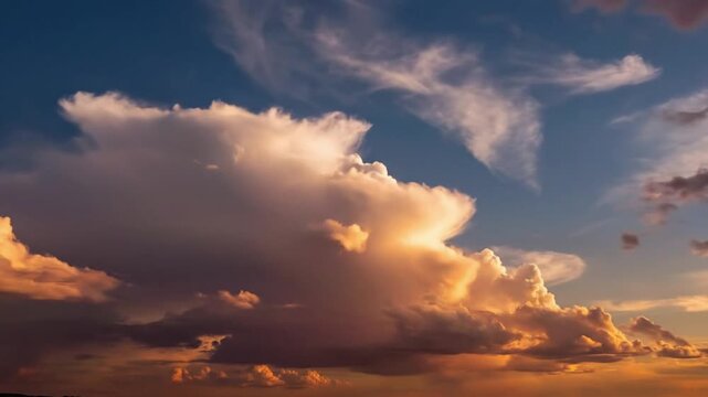 Clouds moving across the sky in different shapes at sunset with changing light and colors