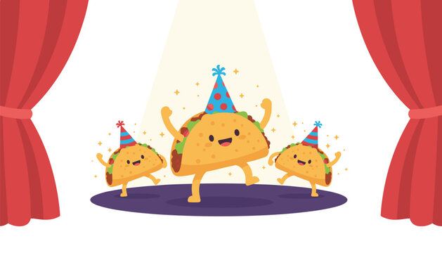 Three happy taco characters wearing party hats dancing on a stage with red curtains and a bright overhead spotlight.