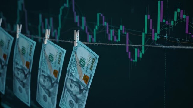 Crypto market volatility Dollars hang on a clothespin against cryptocurrency chart background in 4K Ultra HD footage.
