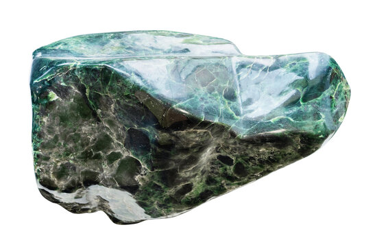 polished piece of green jadeite rock cutout on white background