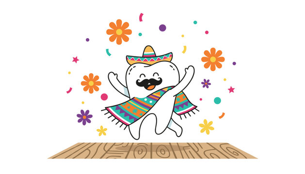 Dancing dental mascot with a sombrero and poncho jumps on a polished floor surrounded by vibrant floral blooms and festive decor.