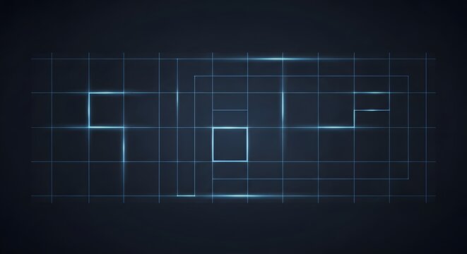 Abstract digital grid lines forming a geometric pattern with glowing blue squares against a dark background, representing data flow or technology