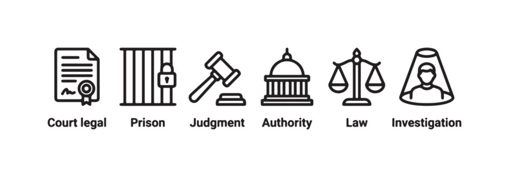 Legal system and justice concept line icons covering court, prison, judgment, authority, law, and investigation.
