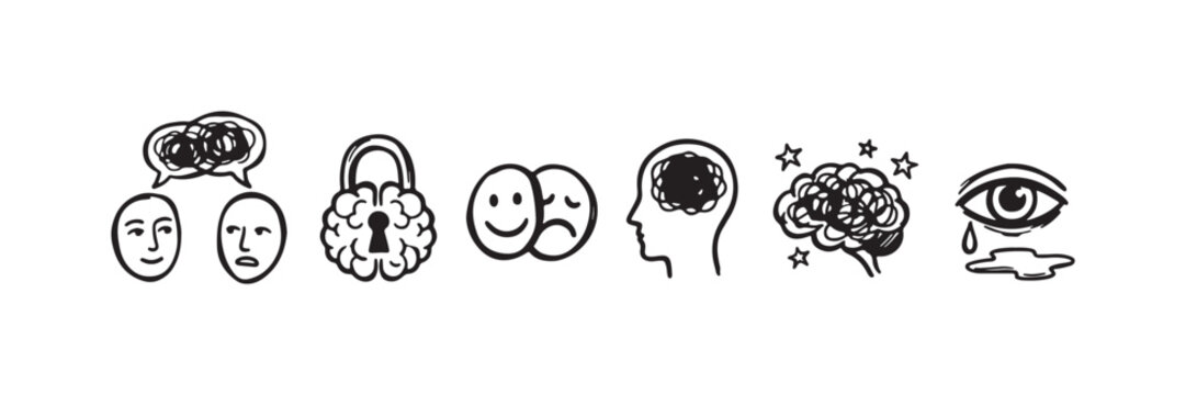 Mental Health and Psychological Outline Icons: Psychotherapy, Obsession, Bipolar, Negative Thinking, Depression