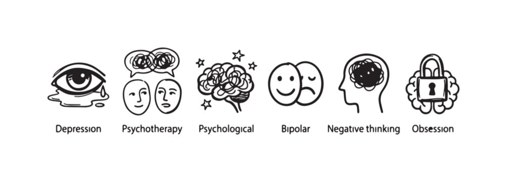 Labeled Mental Health and Psychological Outline Icons: Depression, Psychotherapy, Bipolar, Negative Thinking, Obsession