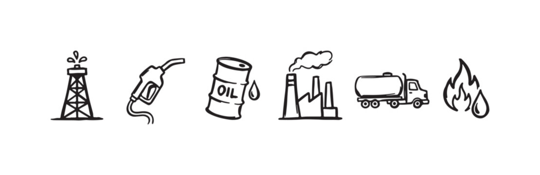 Doodle style icons illustrating the oil and gas industry, with an oil rig, fuel pump, oil barrel, factory, tanker truck, and flame symbol.