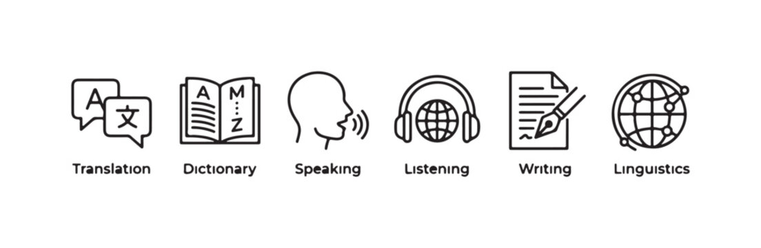 Linguistics and language skills line icons with labels