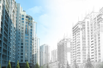 Fototapeta premium Cityscape with different buildings partly depicted as graphic sketch