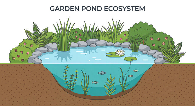 A two-dimensional illustration depicting a cross-section of a pond ecosystem, featuring aquatic animals and plants
