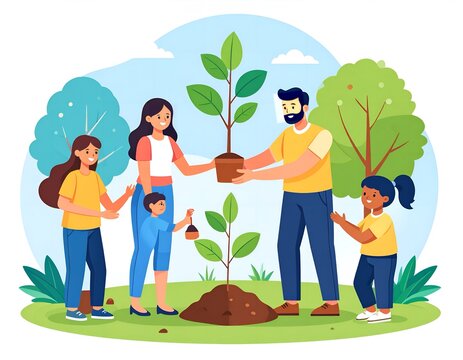 Volunteers planting young trees together to save the planet."