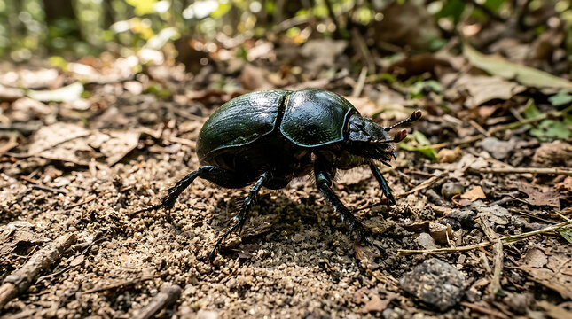 Close-up of a black dung beetle crawling on the forest floor amidst dirt and fallen leaves