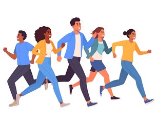 Fototapeta premium Group of happy young people running together. Cheerful men and women in casual clothes. Vector illustration in cartoon stylee
