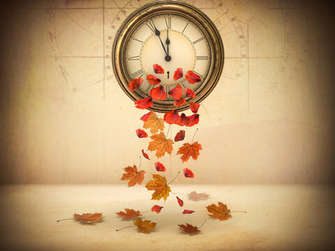 Vintage clock with autumn leaves falling, symbolic of the passage of time and changing seasons