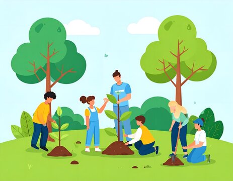 Volunteers planting young trees together to save the planet."