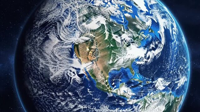 View planet earth rotating in space with realistic globe spin showing countries, oceans, and landforms in detail