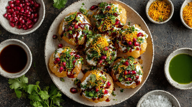 Delicious indian street food dahi puri on a plate