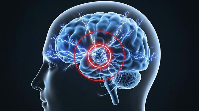 Brain Tumor Screening Concept With Transparent Head Showing Neural Activity And Highlighted Tumor Area In A High-Tech Medical Visualization