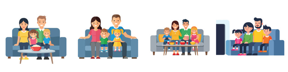 Obraz premium Happy family spending quality time together watching television and enjoying snacks on a comfortable sofa