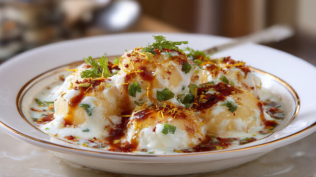 Dahi puri or dahi bhalla, a popular indian snack dish