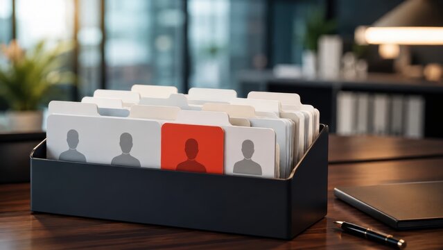 red candidate profile folder standing out among employee files, talent selection, hiring database, recruitment and human resources concept