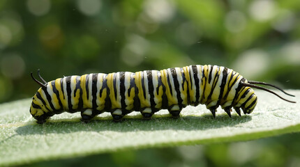 Naklejka premium Monarch butterfly caterpillar crawling on a green milkweed leaf in nature