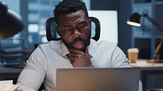 Business man feels tired while working late at office, focuses on computer screen in difficult moment