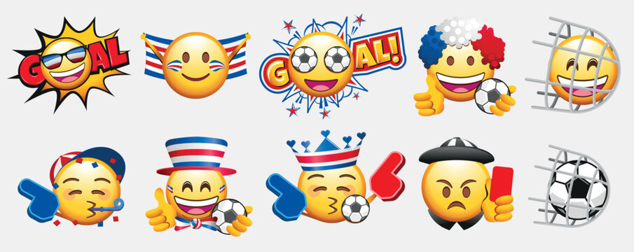 round yellow emojis with a soccer theme and different facial expressions: happy, in love, partying, surprised, and with the soccer ball.