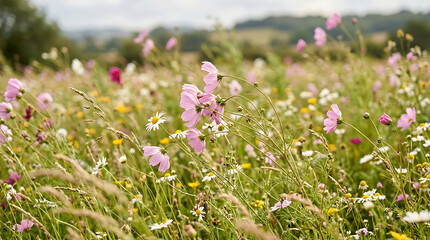 Obraz premium Vibrant wildflower meadow with pink cosmos and white daisies in a sunlit rural field during summer season