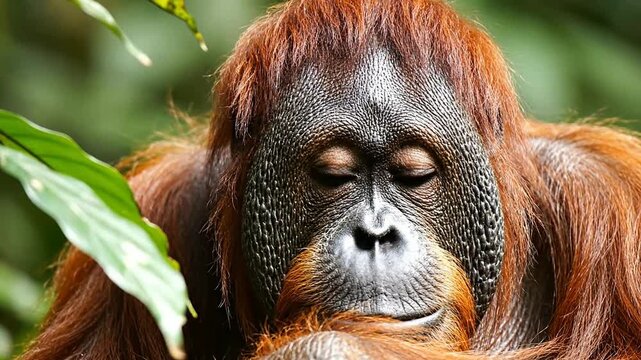 Close-Up Of An Expressive Orangutan's Eyes Framed By Vibrant Orange Hair And Lush Green Foliage Reflecting Natural Wildlife Beauty