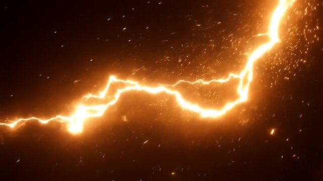 Tracking shot of glowing plasma lightning bolt traveling across dark void with sparks and particle trail, electric arc branching and flickering through space