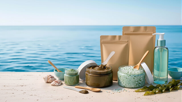 Seaweed body care set with scrub, body wrap, oil and marine spa products on beach. Great for spa ads, wellness branding, body treatment, and beauty banners.
