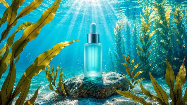 Hydrating anti-aging face serum with brown seaweed in an underwater kelp scene. Great for skincare ads, beauty branding, spa campaigns, and web banners.