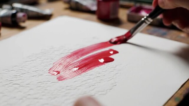Hand drawing on white paper with a paintbrush and red color at a workspace
