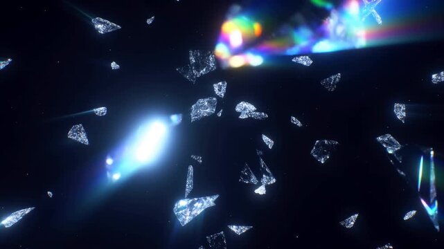 Slow motion drifting shot of crystal shards floating through dark space with refracted rainbow light streaks and soft lens flares