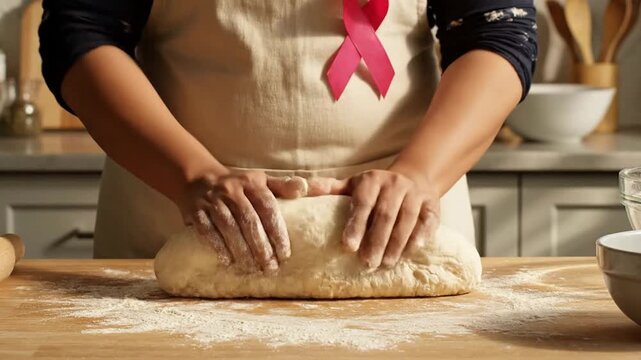 Close-Up Of Hands Kneading Dough On A Wooden Table With A Pink Ribbon On An Apron In A Kitchen Setting While Promoting Breast Cancer Awareness