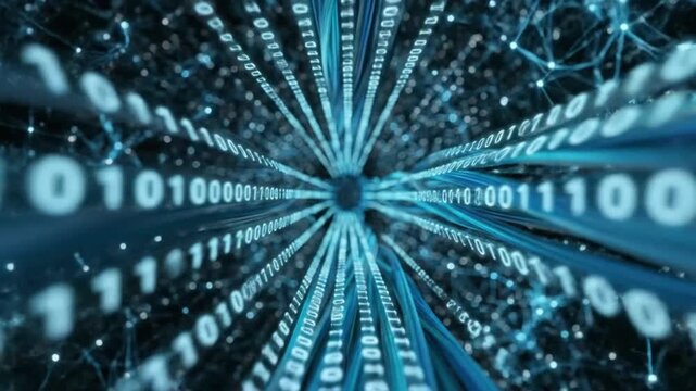 Explore digital connections with abstract wire cables and binary data in a seamless loop