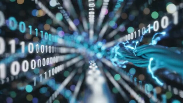 Seamless loop of abstract wire cable with digital elements and binary code moving through space