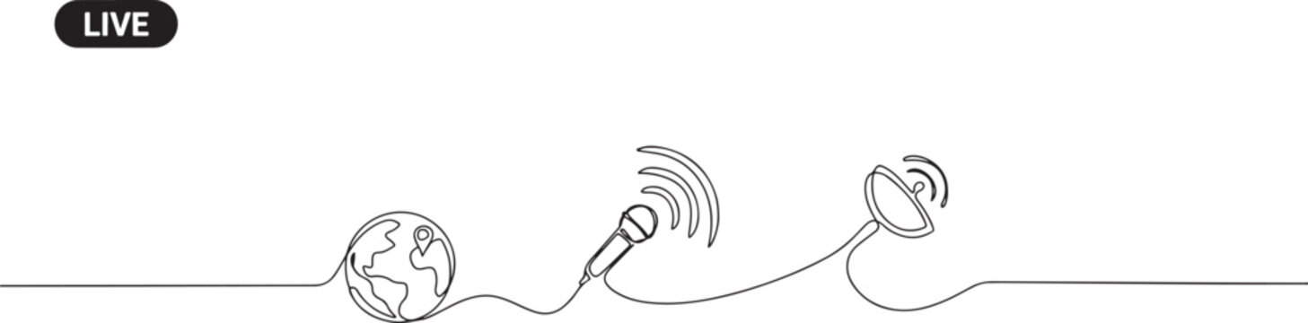 Continuous one single line drawing live news template with microphone. one line art icon drawing vector