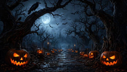 Fototapeta premium Spooky Halloween Path with Pumpkins and Haunted Trees