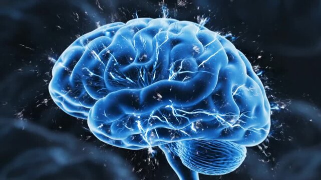 Blue brain animation shows neurons spinning and linking in a captivating display of neural activity