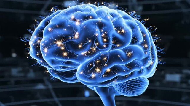 Blue brain rotates in animation showing neurons and connections in detail with VSRExport technology