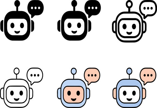 Cartoon robot characters speaking with thought bubbles in different color styles isolated design