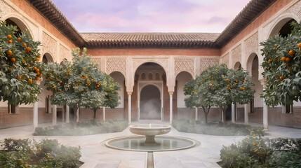 Fototapeta premium Andalusian Palace Courtyard with Marble Fountain and Orange Trees in Soft Focus at Dawn
