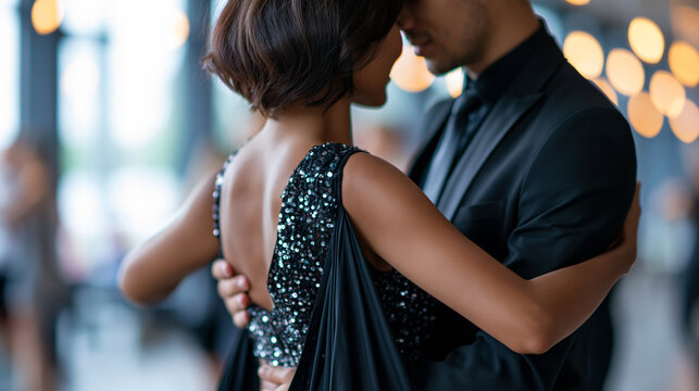 Anonymous elegant couple performing Argentine tango in a classic ballroom setting, competitive dance and Latin culture concept, faceless, defocused, with copy space