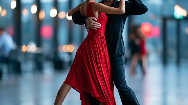 Anonymous woman in a red dress dancing tango with an anonymous partner in a modern dance salon, passionate Latin dance performance concept, faceless, defocused, with copy space