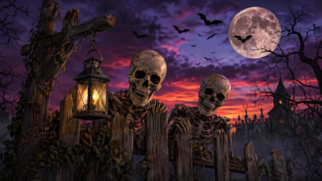 Spooky Skeletons by a Haunted Fence on Halloween Night