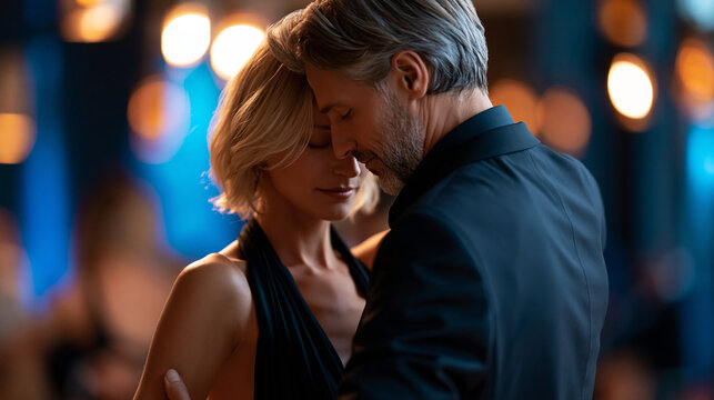 Anonymous elegant senior couple dancing Argentine tango in a dimly lit ballroom, mature romance and intimate dance floor moment concept, faceless, defocused, with copy space