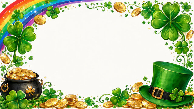 St. Patrick's Day Frame with Rainbow, Shamrocks, and Gold Coins