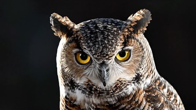 Stunning Great Horned Owl perched against a dark background showcasing its unique plumage and bright yellow eyes